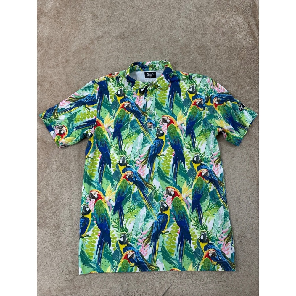 Waggle Polo shirt Men M Tropical Parrot Pattern Vibrant Colors short sleeve EUC